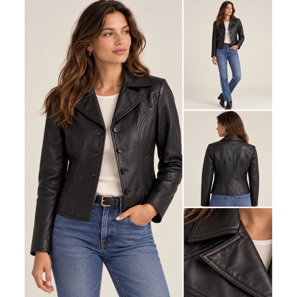 Wilsons Leather Jacket Womens Medium Black Button Front Blazer Coat